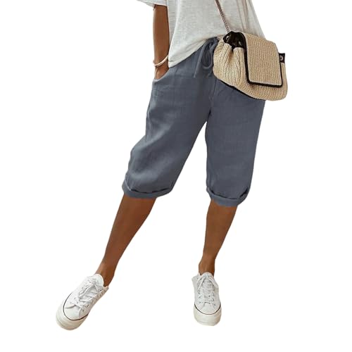 Womens Cotton Linen Knee Length Bermuda Shorts Drawstring Elastic Waist Summer Casual Gym Going Out Shorts with Pockets