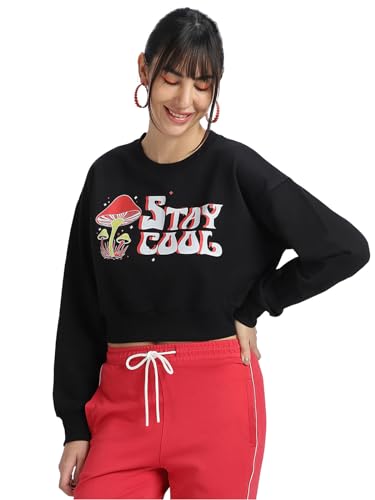 Image of JUNEBERRY Cotton Poly Fleece Regular Fit Beige & Black Graphic Print Full Sleeve Sweatshirt for Women