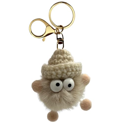 Llavero pompón, Llavero peluche, Colgante de pompón, Pompón para llaves, Llavero decorativo, Diseño con ojos y gorro, Felpa, Diámetro del pompón 7 cm, Beige
