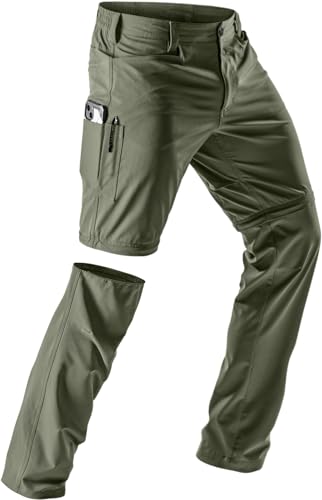 CQR Men's Convertible Cargo Tactical Pants, Water Resistant Outdoor Hiking Pants, Zip Off Lightweight Stretch Work Pants, Rocky Fuscous Green, 30W x 30L