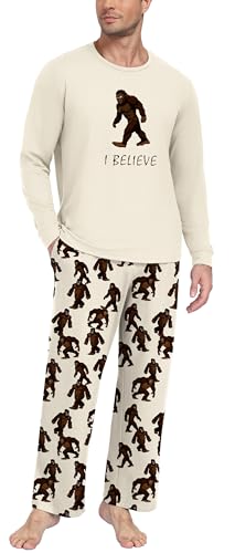 PrinStory Mens Bigfoot Pajamas Sets Loungewear Sleepwear Long Sleeve Shirts & Bottoms Soft Comfy Lounge Sets Printed Khaki Ape Man L