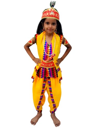 Image of BookMyCostume Shri Krishna Multicolor Kids Fancy Dress Costume 9 Pcs Set with Red Accessories & Wig - Premium 5-6 years