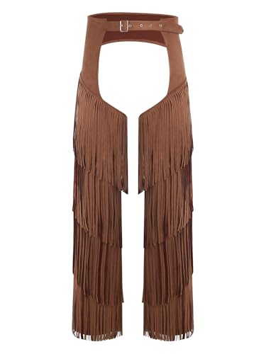 Lejafay Men's Tassel Vintage Cowboy Chaps Layered Fringe Assless Yoke Split Motorcycle Riders Pants