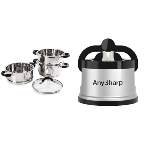 Tower T80836 Essentials Induction Steamer Pans 3 Tier with Glass Lid, Silicone Handles & AnySharp Knife Sharpener, Hands-Free Safety, PowerGrip Suction, Safely Sharpens All Kitchen Knives