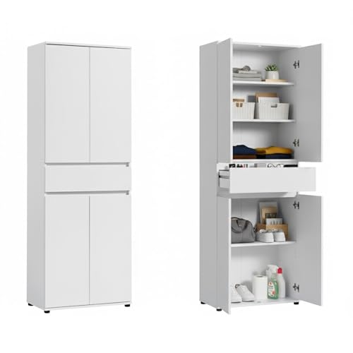 Home Collective Schrank 60 cm breit mit 4 Türen & Schublade, Vielseitiger Aufbewahrungsschrank Mehrzweckschrank mit 3 Einlegeböden, Schmaler Schrank für Haushalt, Büro, Schlafzimmer, 64x34x180 | Weiß