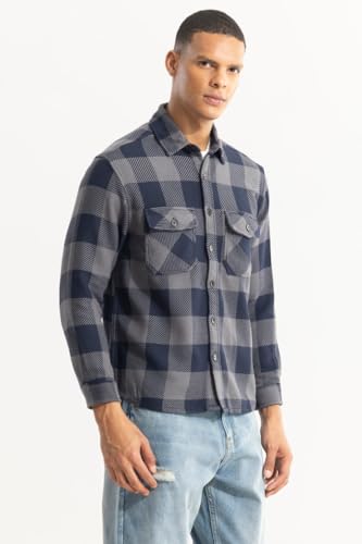 Image of SNITCH Men's Overshirt | Relaxed Fit Cotton Shirt with Tartan Checks | Full Sleeve Spread Collar Casual Shirt with Flap Pockets for College & Street Wear