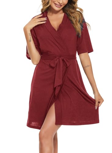 Rayson Albornoz Corto Mujer Elegante Bata Kimono de Algodón Manga Corto Verano Cuello V Albornoz Corto con Cinturón Mujer Bata(Rojo,S)