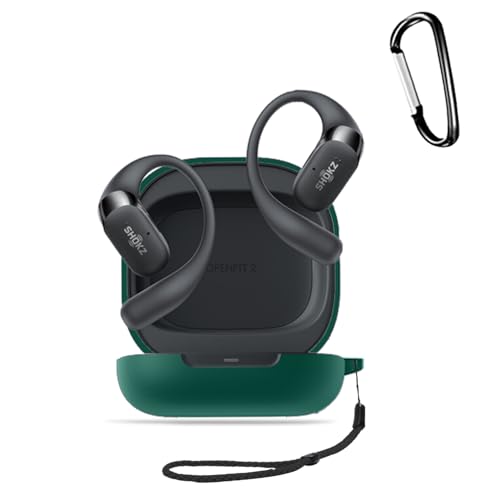 For Shokz OpenFit 2+ / OpenFit 2 イヤホン 用 ケース シリコン保護ケース【HUKWIMO】カラビナ付き+ストラップ 可視LEDライト ワイヤレス充電対応 全面保護 耐衝撃性 防水 防塵 軽量 キズ防止 落下防止保護 [グリ