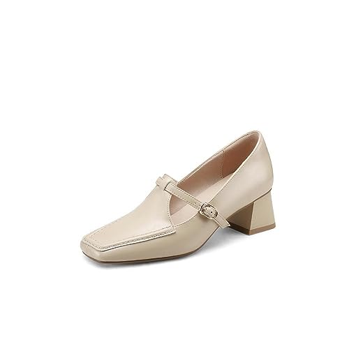 TinaCus Women's Genuine Leather Handmade Square Toe Buckle Low Stacked Heel Loafers Pumps Shoes