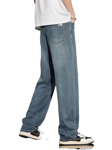 Men's Summer Ultra-Thin Jeans Soft Drape Loose Comfortable Wide-Leg Ice Silk Pants Vintage Blue 34