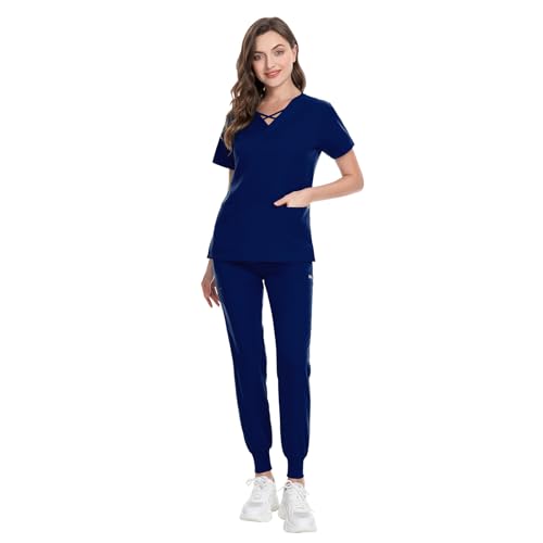 Image of VIAOLI Scrubs for Women Set Modern V-Neck Top & 8 Pocket Jogger Pants Nursing Uniform Solid Stretch Workwear