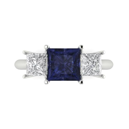 Clara Pucci 2.62 ct Princess Cut Created Blue Sapphire 18K White Gold Three-Stone Wedding Engagement Bridal Promise Ring