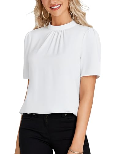 Rooscier Women's Mock Neck Short Sleeve Ruched Front Elegant Workwear Blouse Shirt Top4
