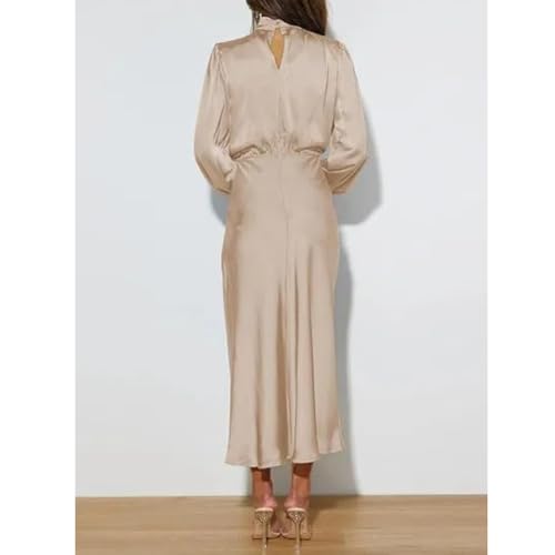 Women's Luxury Long Sleeve Satin Elegant Dress Elastic Waist Cocktail Wedding Midi Formal Dress3