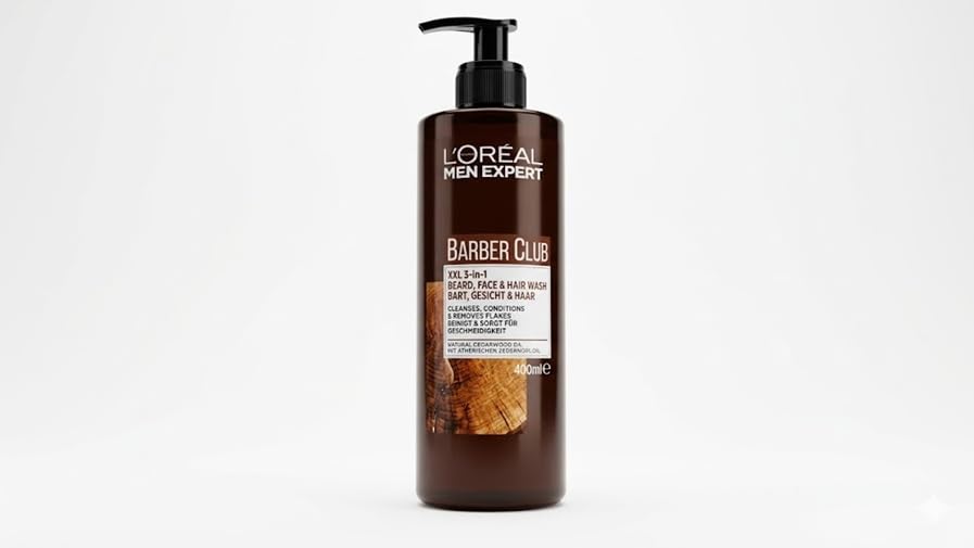 L'Oréal Men Expert Champú para hombres en pack XXL, para barba, cara y cabello, calmante y nutritivo gracias al aceite de madera de cedro, Barber Club, cuidado de la barba