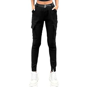 Nuofengkudu Elastische cargobroek voor dames, 4 zakken, elastisch, hoge taille, pull-on, legging, skinny broek, sport met bijpassende riem