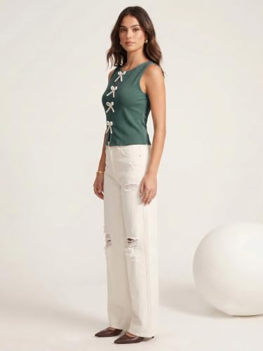 Image of Selvia Ribbed Bow Detail Sleeveless Crop Tops for Women Western