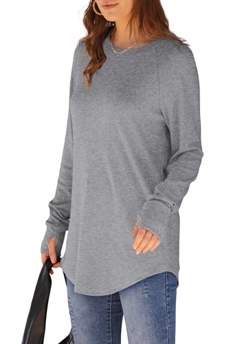 Image of XIEERDUO Womens Tunic Tops to Wear with Leggings Long Sleeve Thumb Hole Shirts Crew Neck Curved Hem