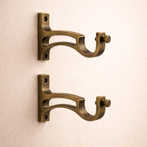 Image of Elite Aluminum Curtain Rod Brackets - Heavy-Duty Wall Mount Clamps for Curtain Rod Support for Door and Window Curtain Rods with Screw and Wall Plug - Pack of 2PCS (Brass Antique ARC)