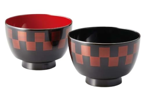 J-kitchens 味噌汁 お椀 日本製 市松 駒型汁椀 白檀内黒・朱 (2客) 10.7cm 漆塗り 手塗り その壱