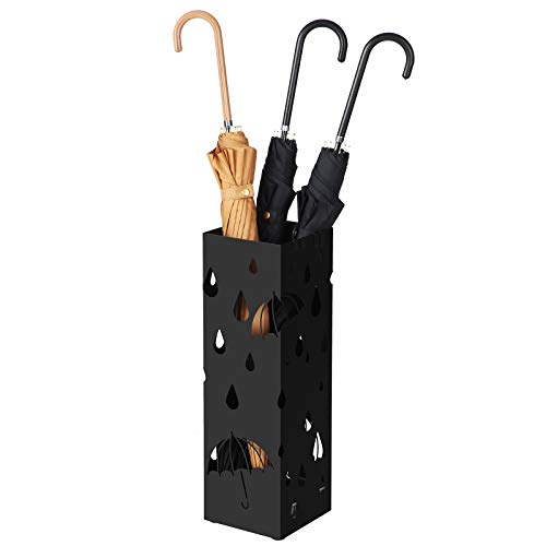 SONGMICS Umbrella Stand, Umbrella Holder for Entryway, with a Detachable Water Drip Tray, 4 Hooks, Steel Square Organizer Freestanding, for Canes Walking Sticks, Black ULUC49B