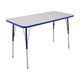 FDP Rectangle Activity School and Office Table (24 x 48 inch), Standard Legs with Swivel Glides, Adjustable Height 19-30 inches; Quick Ship Single Box - Gray Top and Blue Edge
