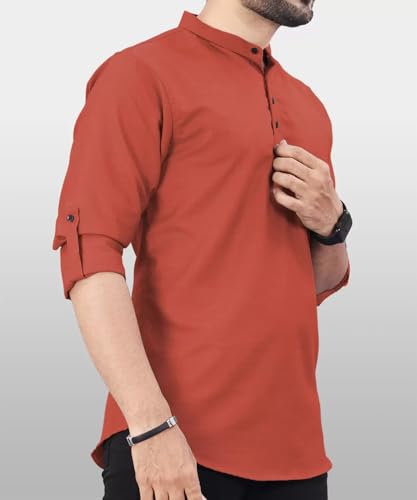Image of DEEMOON Men's Regular Fit Solid Sprad Collar Casual Shirt with a Trendy Mandarin Collar Crafted from a Premium Cotton Blend