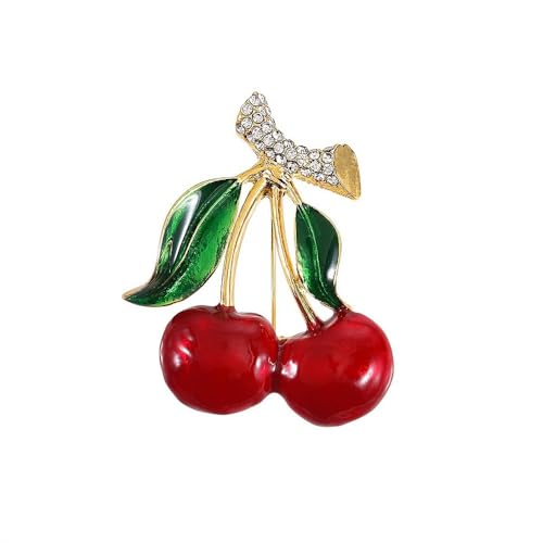 Image of Cute Cherry Rhinestone Fruit Brooch Pin for Women Gold Plated Red Green Enamel Leaf Brooches Lapel Pins Dainty Dress Accessories Jewelry for Hat Bag Suit Tie