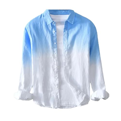 Men's Linen Long Sleeve Casual Shirt Lapel Collar Gradient Color Fashion Top