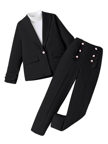 Image of Milumia Girl's 2 Piece Outfits Button Open Front Long Sleeve Blazer and Pants Fall Suit Set