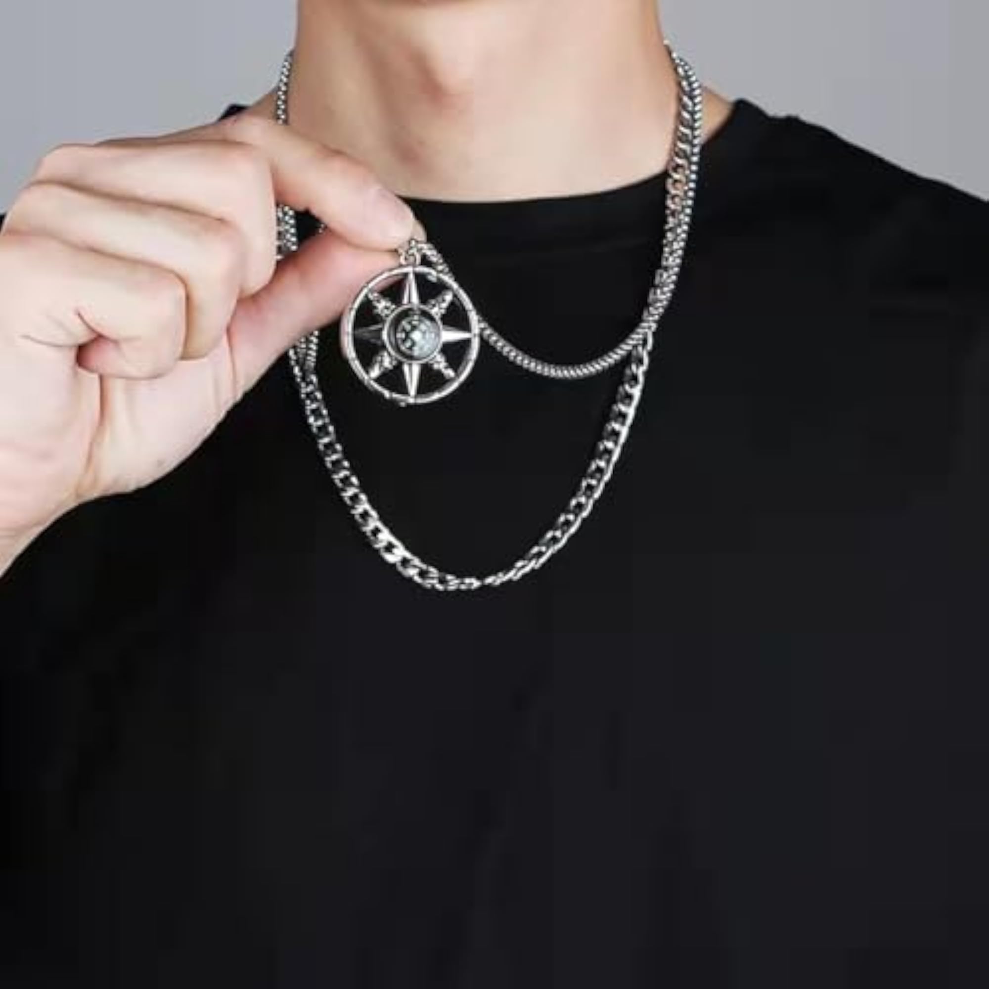 Stainless Steel Rotatable Compass Wheel Pendant Necklace