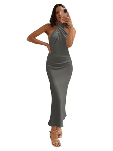 DVBTRGN Women's Satin Halter Bridesmaid Dresses Backless Sleeveless Formal Cocktail Gowns Grey Tea Length Wedding Guest Dress US8
