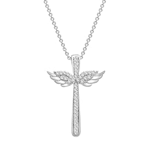 Timeless Love 1/10 CT Diamond Wing Cross Pendant Set in Sterling Silver, Necklace with 18″ Cable Spring Ring, Dainty Jewelry for Women, Luxury Fashion Pendant Necklaces for Women