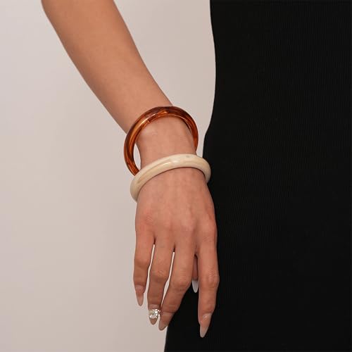 WOWORAMA Thin Acrylic Resin Bangles Bracelet for Women Dainty Round Acrylic Bracelets Cream White Tortoise Acetate Resin Bangles Simple Plastic Bracelet Jewelry