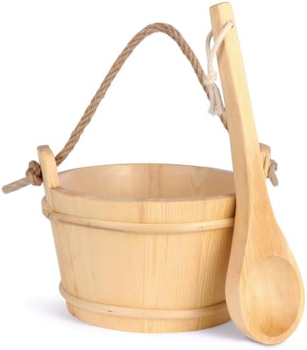 NetLea Sauna Bucket and Ladle Set,1Gallon Sauna(4 liters) Bucket and 14.5″Sauna Ladle,Sauna Accessories Handmade from Premium Pine Wood (Pine Wood 4L)