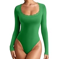 REORIA Womens Sexy Lace Scoop Neck Long Sleeve Body Suit Fall Outfits Double Lined Layering Slim Soft Bodysuit Tops Green Small