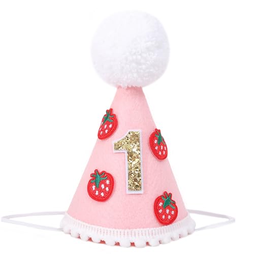LINLULU Strawberry Hat for Girls - Small Red and Gold First Birthday Hat, Berry Sweet Decorations, Cake Smash Prop