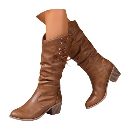 Lanunlly Botines Mujer Pantorrilla Botas Media Caña Originales Vintage Zapatos Altas Chelsea Elegantes Boots Tacón Alto Comodos Botin Caña Ancha Moda Bota con Cordones para Invierno Otoño Primavera