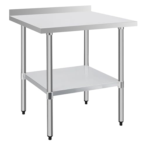 Stainless Steel Work Table 30 x 30 Inch, NSF Commercial Prep Table with Undershelf, Heavy Duty Food Prep Workstation with Backsplash