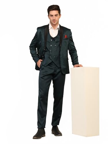 Image of Men's Navy Blue Jacquard Tuxedo Suit with Black Shawl Lapel, 3-Piece Formal Wedding Ensemble, Red Pocket Square