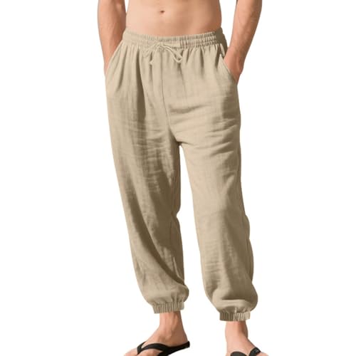 Summer Linen Pants for Men Solid Lightweight Casual Elastic Waist Drawstring Beach Workout Jogger Pants with Pockets