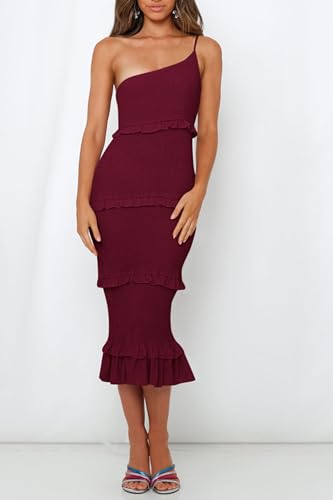 Image of PRETTYGARDEN Women's Summer Midi Bodycon Dresses One Shoulder Strappy Tiered Ruffle Floral Boho Sun Dress