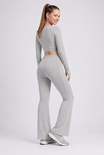Image of PINAAK FASHION Women's Yoga Co-Ord Set | Full Sleeve Crop Top & Flared High Waist Yoga Pants with Pocket | Thumb Hole Sleeves | Bell Bottom Gym Wear Activewear Tracksuit for Workout, Running & Lounge