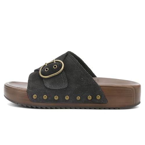 Image of UBFEN Womens Platform Slide Sandals | Real Leather,Buckle Sandals with Cushioned Flatform Footbed,Comfortable for Walking,Arch Support,Casual Styling