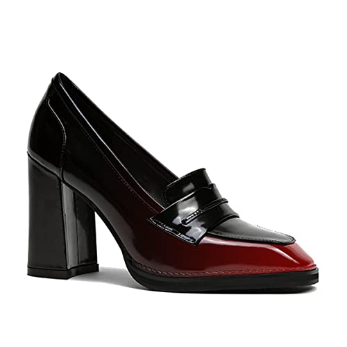 Image of FOWT Dressy High Block Heels Loafers for Women Classical Square Toe Pumps Comfortable Slip On Walking Shoes School Uniform Goth Oxfords US Size 4-16 M