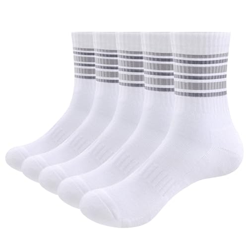 Image of YUEDGE Women's Striped Cuff Casual Cushioned Crew Socks Moisture Wicking Odour Free White Cotton Tennis Cycling Running Training Athletic Socks For Women Size 9-12, 5 Pairs
