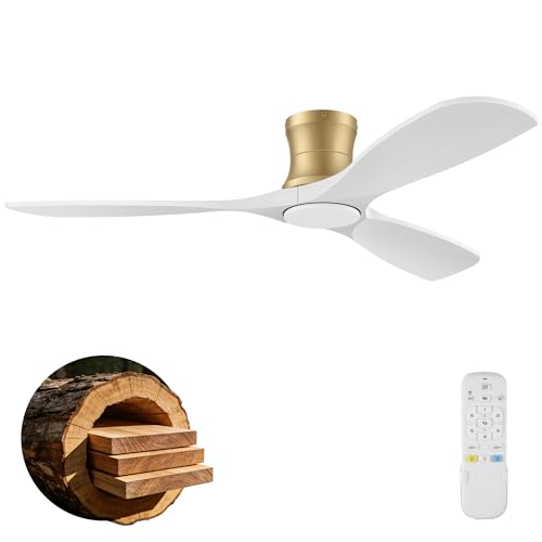 Image of 52 inch Low Profile Ceiling Fans with Lights Remote,Flush Mount,Wood,White Gold