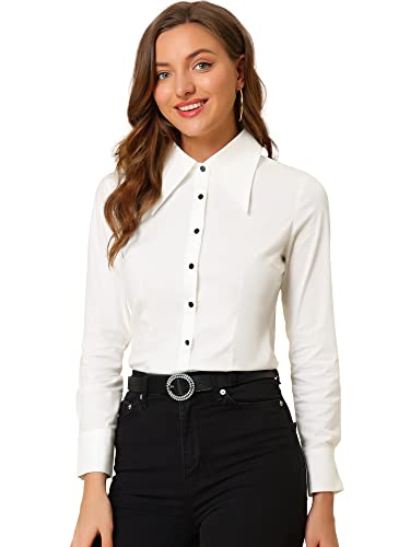 Allegra K Point Collar Button Down Shirt for Women's Work Office Big Collared Long Sleeve Top
