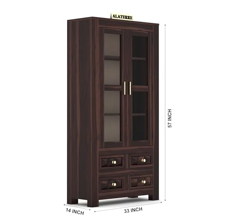 Image of Wood Book Shelf with Glass Door, Wooden Bookshelf for Home Library, Kitchen Crockery Cabinet, Study Room Furniture, Books Rack, Book Stand, BookCases, Bookshelves, Walnut Finish