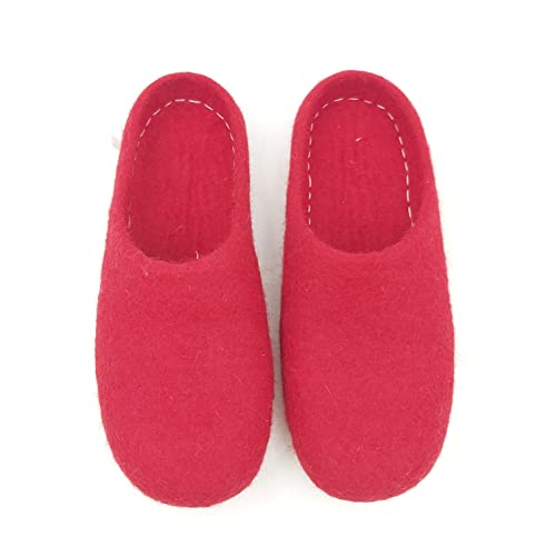 Fwosi Pantuflas de lana orgánica, pantuflas de fieltro de lana para mujer, para interiores y exteriores, zapatos mules para hombre, Rojo -, 14 Wide